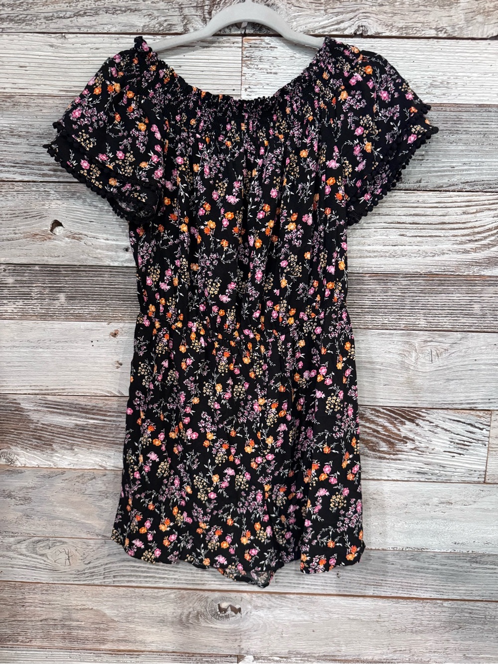 Xhilaration Black Floral Off-Shoulder Romper with Pink & Orange Blooms